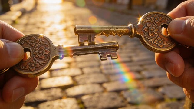 Bringing hands holding ornate brass skeleton keys, aligning teeth on sunlit cobbles, checking fit