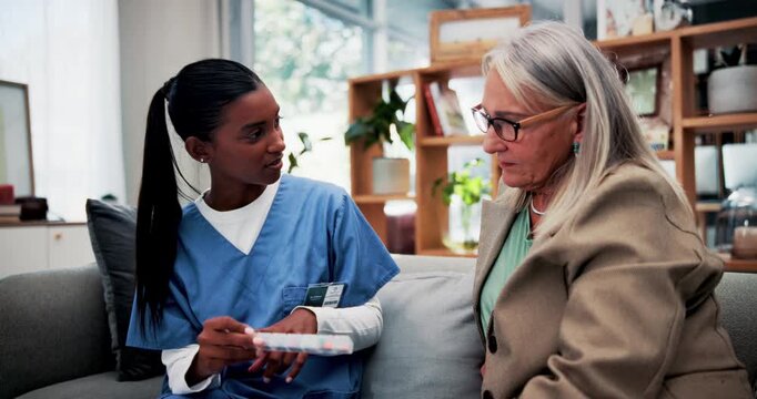 Nurse, medicine and senior woman in nursing home for assisted living, healthcare and advice. People, talk or old patient with caregiver for wellness, retirement and dosage with medication or pill box