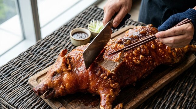 Whole Roast Suckling Pig Carved | Chinese Cantonese Lechon Feast | Celebratory Food Stock Photo