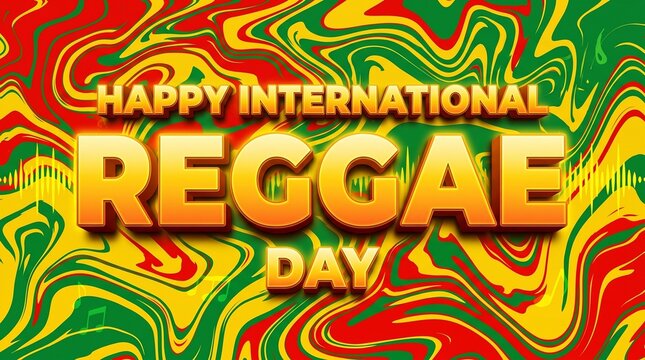 Happy international reggae day greeting card with vibrant liquid marble background