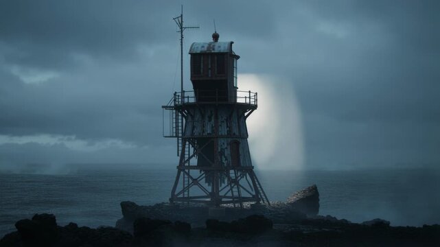 Weathered lighthouse projecting a beam of light across a dark, turbulent ocean at night, symbolizing guidance.