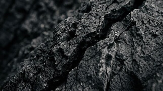 Extreme Close Up Macro Shot Of Dark Cracked Rocky Surface With Subtle Sparkle And Soft Bokeh Background