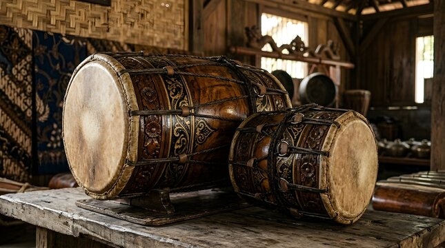 Traditional Musical Instrument Kendang and Ketipung Drums Displayed Indoors with Rustic Wooden Table View