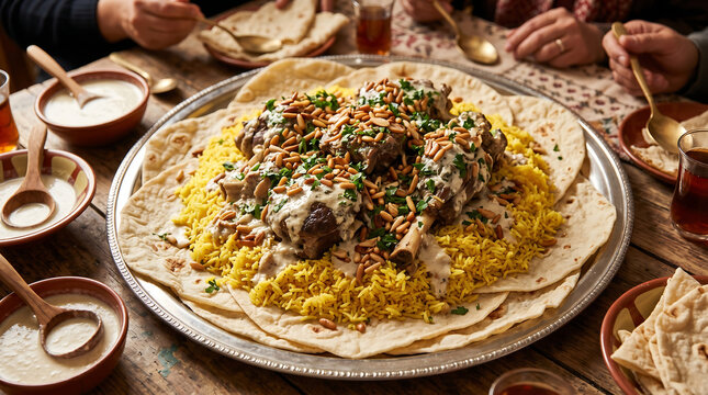 Traditional Jordanian Mansaf with Lamb Jameed Yogurt Sauce Saffron Rice and Nuts on Silver Tray