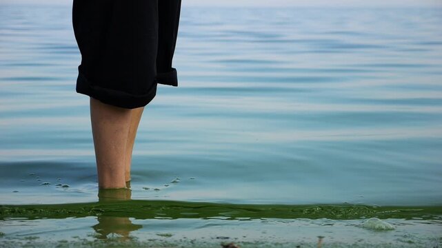 Female feet in polluted green aqua from waste into river. Legs of adult woman standing in dirty sea water. Global environmental pollution problem. Concept of ecological disaster. Slow motion