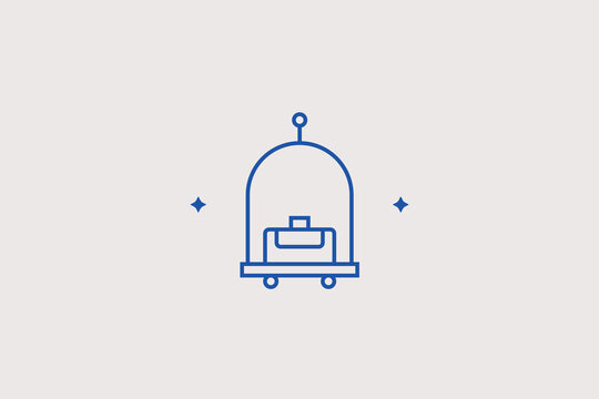 Luggage cart with suitcase line icon for hotel concierge for baggage bellboy delivery services. Professional vector illustration for travel booking applications, hospitality reception dashboards.