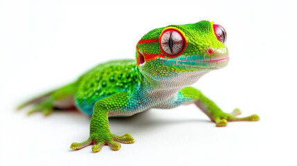 Fototapeta premium Vibrant green lizard with striking red eyes and intricate patterns on its skin, showcasing its unique features and colors