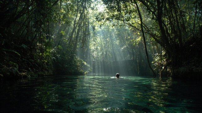 Swimmer in tropical jungle cenote