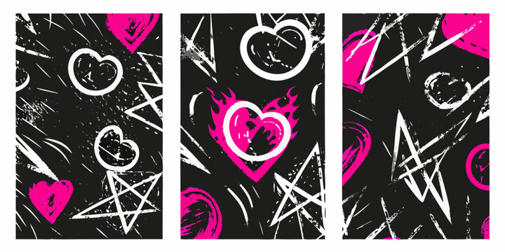 Punk Grunge Pattern With Hearts And Stars Vector Illustration