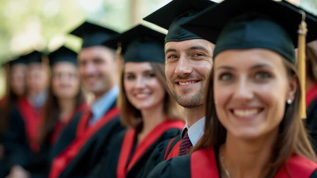 Group of young adults wearing graduation caps and gowns, smiling and celebrating achievement at an outdoor graduation ceremony. Positive emotions and academic success concept.