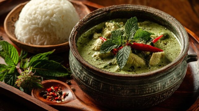 Thai green curry with rice and herbs