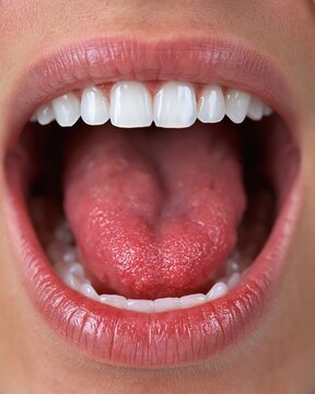Frontfacing clinical shot of an open mouth focused on the swollen tongues inflammation and glossitis signs highresolution detail with diffused light and ample copy space