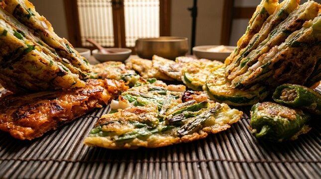 Korean Jeon Savory Pancake Assortment Flat Lay | Kimchijeon Haemul Bindaetteok | K-Food Stock Photo