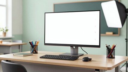 Fototapeta premium Modern Teacher Desk Mockup with Blank Computer Screen and School Supplies in Bright Classroom Background