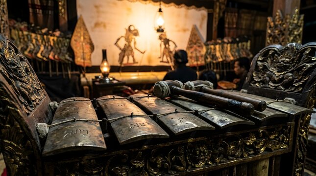 Traditional musical instrument performance with metallophone bars and shadow puppets in cultural indoor setting
