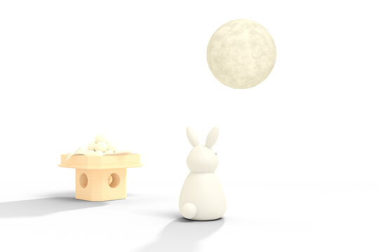 透明背景に配置された満月を眺める白うさぎと月見団子の3Dイラスト