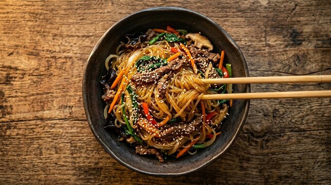 Japchae Korean Glass Noodle with Sesame Seeds | Stir-Fried Dangmyeon Vegetables Beef | Stock Photo