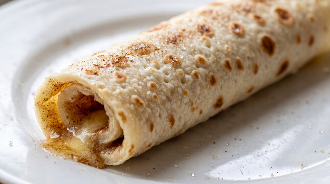 Close-up of Traditional Soft Lefse Rolled on White Plate with Golden Brown Texture