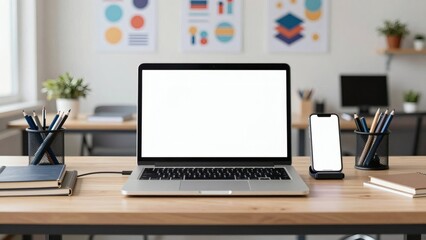 Fototapeta premium Modern Laptop and Smartphone Mockup on Teacher Desk with Copy Space in Bright Office