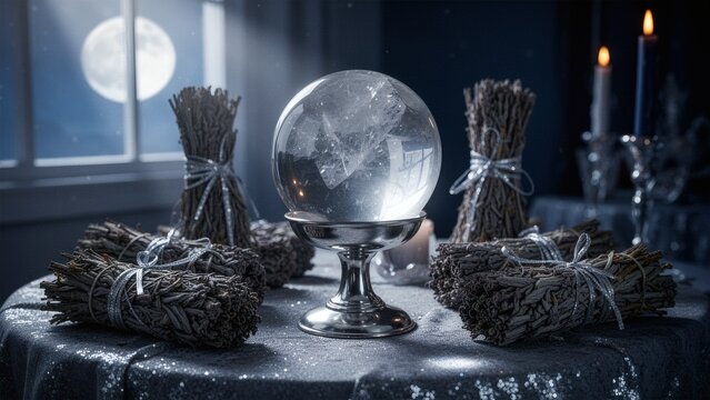 Mystical Crystal Ball on Silver Stand with Sage Bundles under Full Moon Moonlight with Copy Space