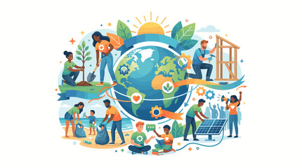 Naklejka premium Vibrant illustration of diverse people engaging in eco-friendly activities around the Earth with a sunny background and green leaves.