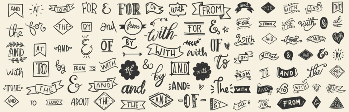 Hand drawn typography ribbons and decorative word banners with prepositions, conjunctions, and ornamental labels. Vintage lettering elements perfect for invitations, scrapbooking, and design.