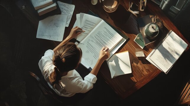 Woman reviews important documents on a dark wooden table, capturing the interplay of natural light and shadow on the crisp white paper textures during her productive afternoon of focused professional.