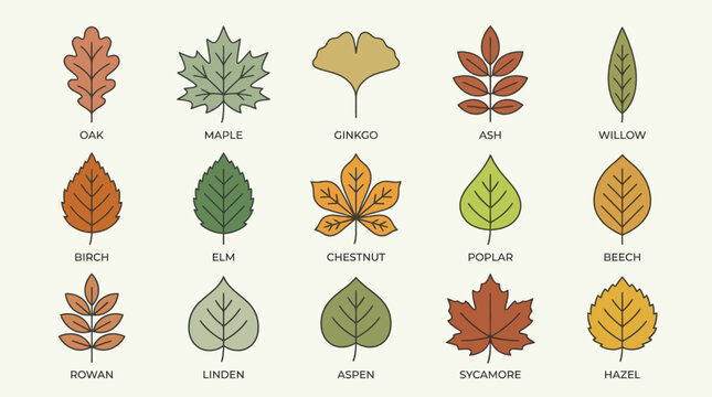 A flat lay of various types of leaves with labels on a beige background, showcasing different shapes and colors in a botanical illustration style.