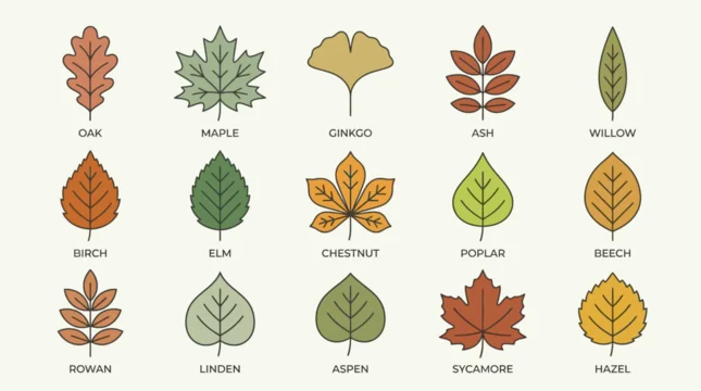 A flat lay of various types of leaves with labels on a beige background, showcasing different shapes and colors in a botanical illustration style.