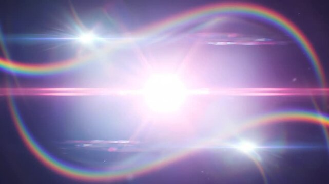 Bright colorful light flare with glowing prism lens reflections and floating crystal fragments creating bright rainbow glow