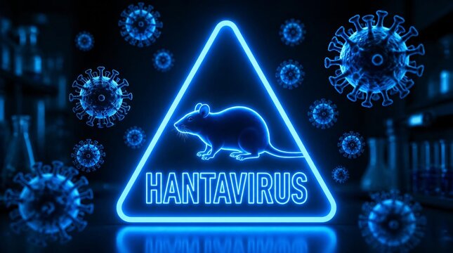 Blue neon warning triangle lights up with a picture of a rat and the text hantavirus in a laboratory.