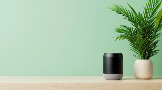 Smart home device on wooden table with green wall background and potted plant, creating modern and inviting atmosphere