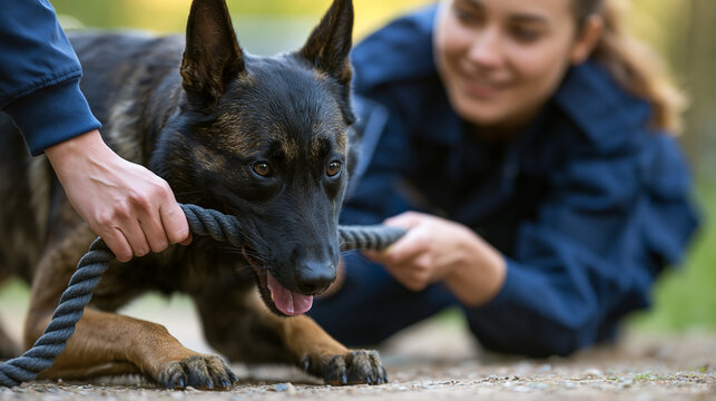 Female faceless K9 handler in dark blue uniform playing tug of war with Belgian Malinois, police officer training working dog with rope toy outdoors on dirt path, toy training,