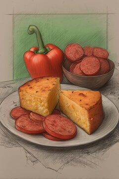 Colored pencil sketch illustration of a red bell pepper salami slices and cornbread triangles on a plate Concept of rustic culinary art