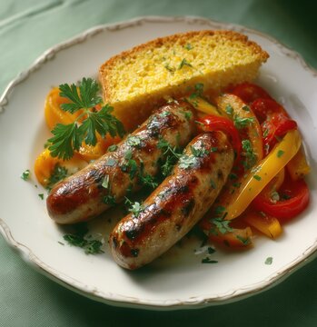 Two grilled sausages served with sliced cornbread and sweet bell peppers on a white plate over a green tablecloth Concept of delicious traditional cuisine