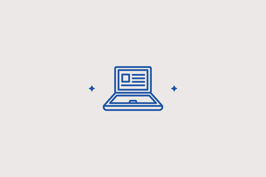 Open laptop computer with article on screen line icon for digital law for online legal consulting portals. Professional vector illustration for internet attorney advice platforms, webinar training