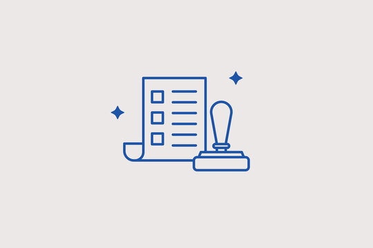 Official document near rectangular rubber stamp line icon for law notary for corporate contract verification. Useful vector illustration for legal certification apps, license validation dashboards