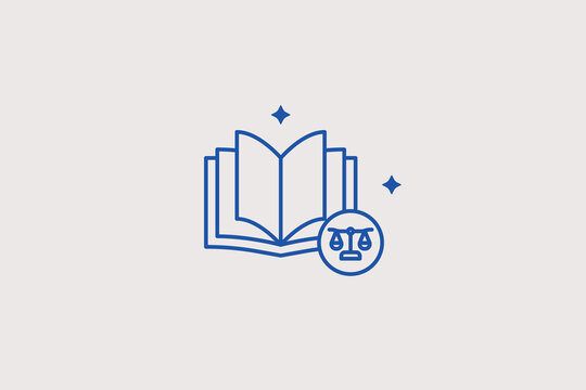 Open law book with scales emblem line icon for legal library for digital constitution reference portals. Professional vector illustration for lawyer research tools, courtroom legislation databases.