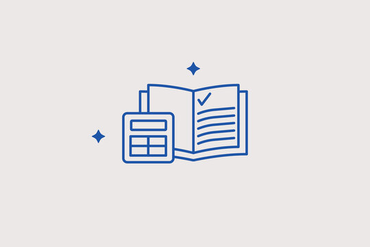 Electronic calculator near notebook with checkmark line icon for financial audit for corporate accounting operations. Professional vector illustration for tax calculation platforms, business 