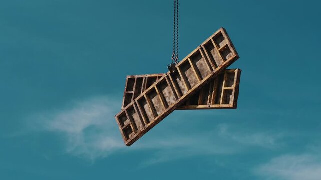 Formwork panels lifted by crane at construction site