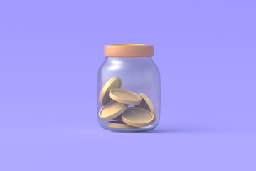 Glass jar with coins on violet background. Small savings. Money accumulation. Cash deposit. Retirement fund. Capital safety. 3d render © OlekStock