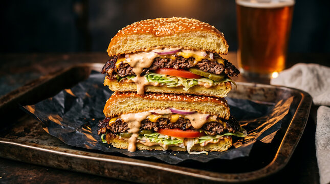 Classic American Smash Burger on Brioche Bun with Melted Cheese Lettuce and Special Sauce