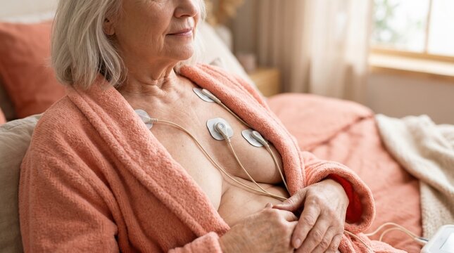 Senior woman with ECG electrodes attached to her chest for heart monitoring. Elderly female patient in a pink robe. Home healthcare and cardiology test
