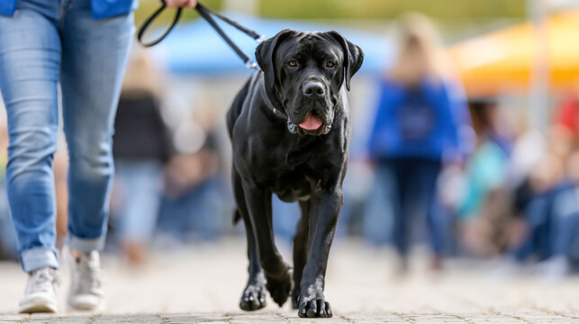 Faceless handler leads powerful black Cane Corso trotting on leash across paved surface moving quickly during daytime outdoor competition, competition activity, breed handling,