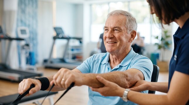 Senior man performing resistance band exercises with a physical therapist. Elderly patient in cardiac rehabilitation gym program