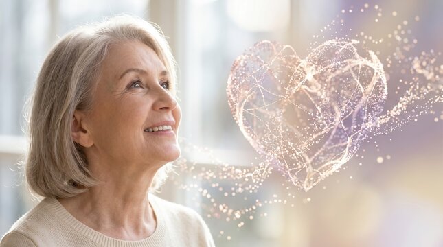 Smiling elderly woman looking at a glowing particle heart. Senior mental health and hope concept