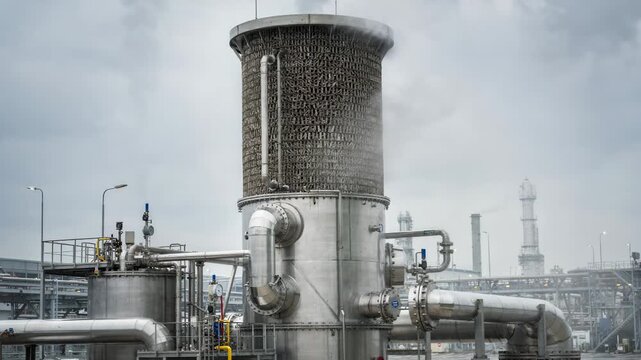 Medium shot of a packed tower scrubber with vapor rising effectively filtering harmful fluorides and dust from industrial offgas emissions