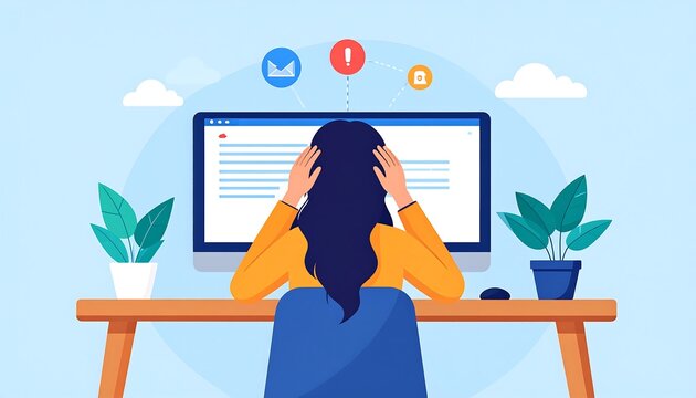Woman at desk, stressed by computer notifications, in colorful vector illustration