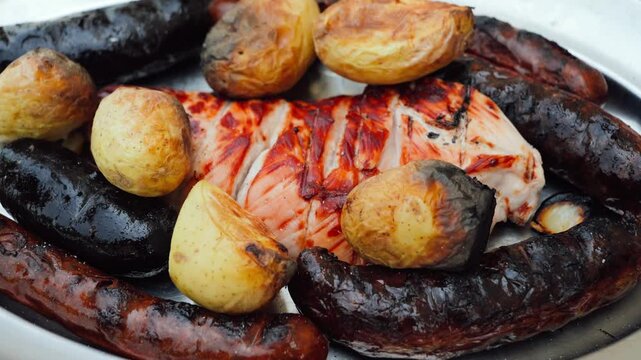 Plate of grilled sausages and baked potatoes cooked over a campfire. Summer barbecue and outdoor dining concept. High quality 4k footage