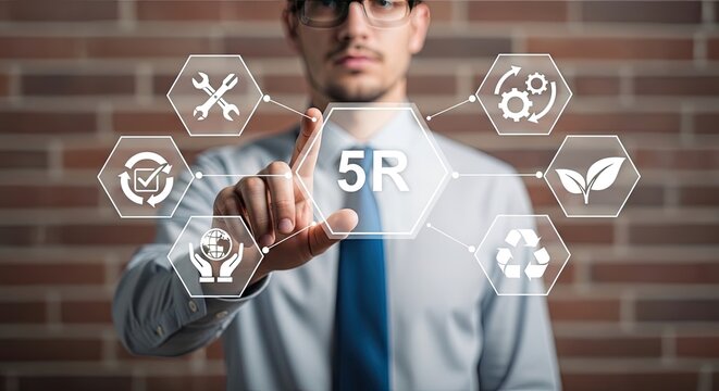 Businessman interacting with a digital interface of 5R principles for sustainability and environmental conservation
